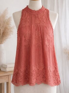 Miss Chievous Coral Lace Sleeveless Blouse | Boho Romantic Tank | Small